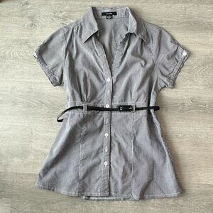 Majora Black & White Shirt with Slim Belt Y2K Preppy